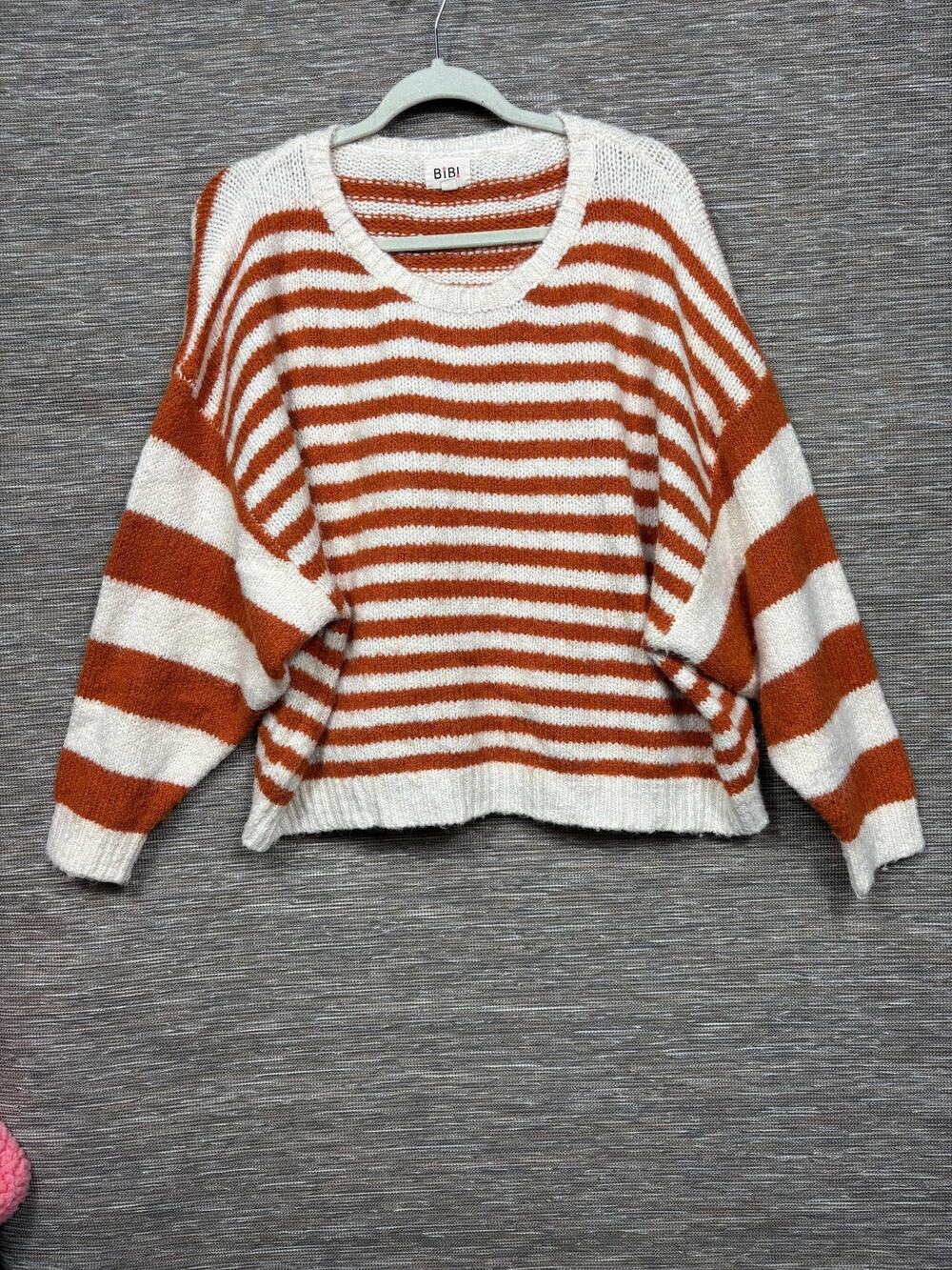 BIBI Sweater Womens L Orange White Stripe Dolman Sleeve Chunky Knit Pullover